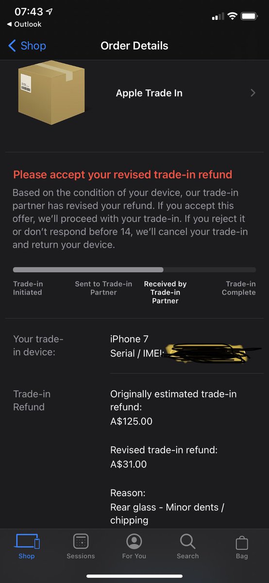 pablofzm's tweet photo. @Apple trade-in such a joke!  Sent an Iphone 7 in perfect conditions for a trade-in and  they changed the value from A$125 to A$35? @AppleSupport  stop being dodgy and tricking your clients . https://t.co/QtZ0ApUovz
