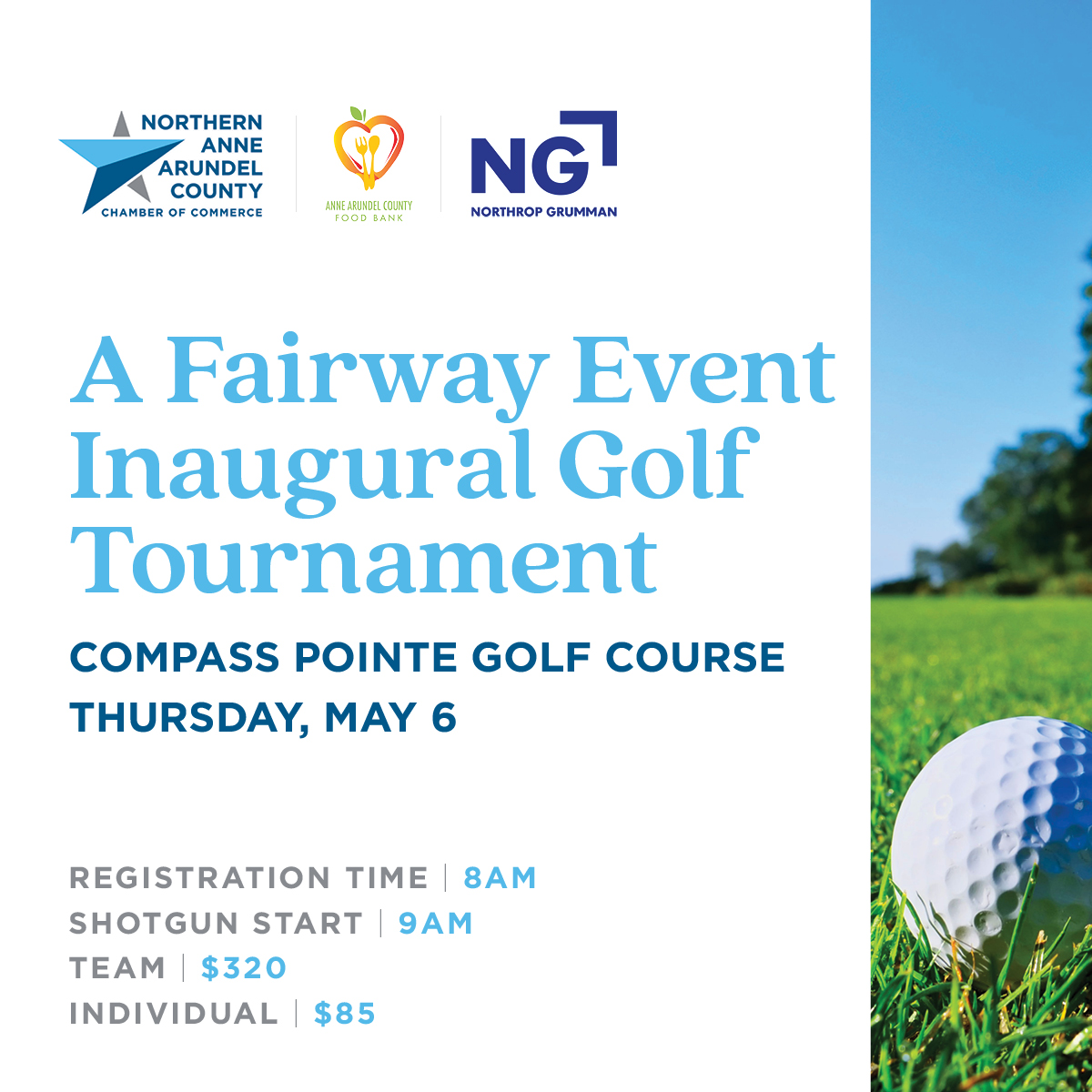 Join us for this Inaugural Golf Tournament sponsored by <a href="/northropgrumman/">Northrop Grumman</a>.
A Fairway Event 
Thursday, May 6, 2021

<a href="/CompassPointeMD/">Compass Pointe Golf</a> 

A portion of the proceeds benefits the  
<a href="/aafoodbank/">Anne Arundel County Food Bank</a> .

Register here zcu.io/gNqF 
 
#naacccmd #AnneArundelCountyFoodBank