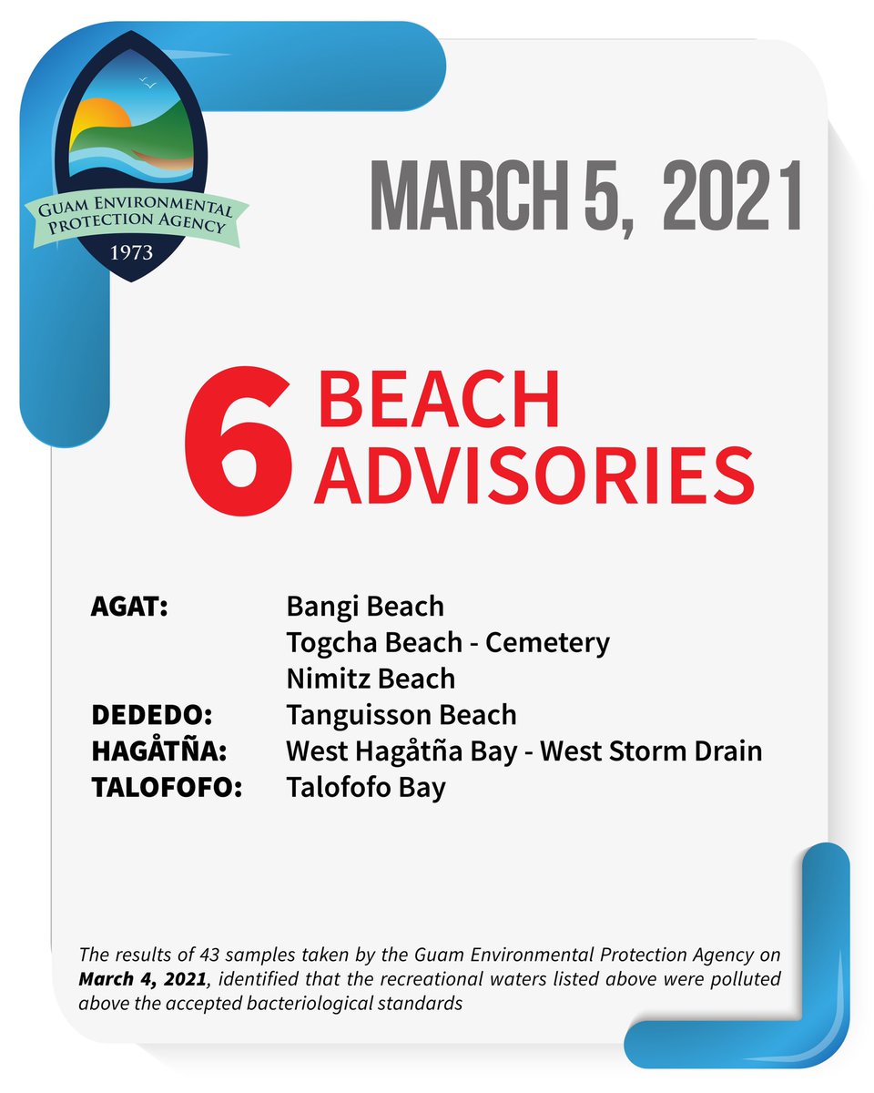GuamEPA's tweet photo. March 5, 2021 - 6 Beach Advisories

Swimming, fishing or playing in unsafe waters may result in minor illness. Children, the elderly and people with weakened immune systems have a greater chance of getting sick when they come in contact with contaminated water. https://t.co/WHFWLqClLE
