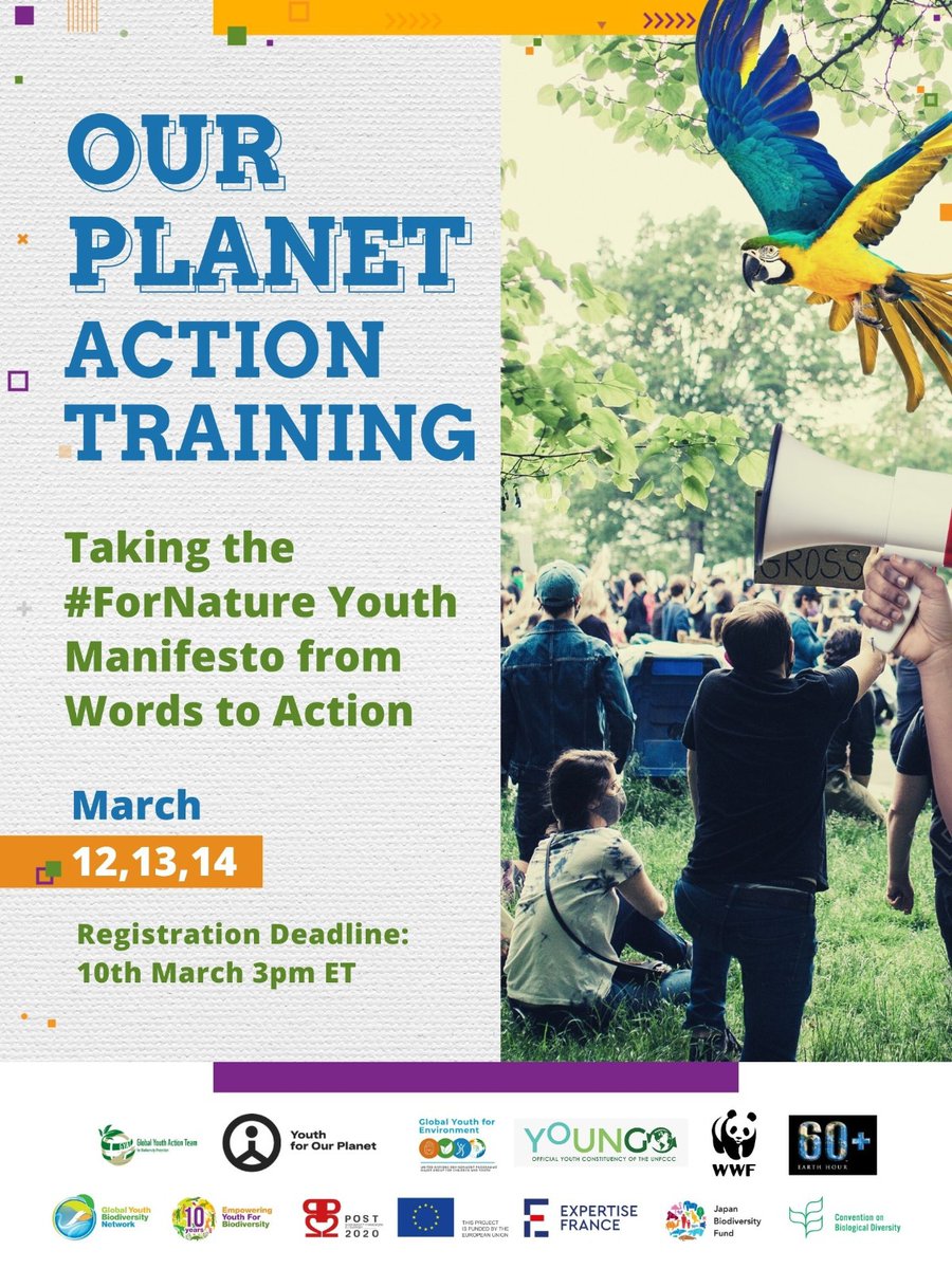 📣 COMING UP: "Our Planet Action Training: Taking the #ForNature Youth Manifesto from Words to Actions"

Join <a href="/GYBN_CBD/">Global Youth Biodiversity Network (GYBN)</a> and partners on 12, 13 and 14 March for a training course to plan advocacy actions around the world. 🌍

📌 More info and registration: bit.ly/ForNatureTrain…