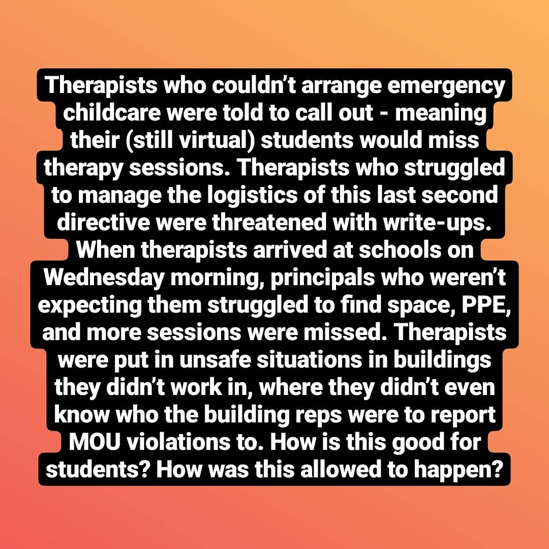 Covid_Leaks_SDP's tweet photo. "Therapists who couldn’t arrange emergency childcare were told to call out - meaning their (still virtual) students would miss therapy sessions. Therapists who struggled to manage the logistics of this last second directive were threatened with write-ups..." https://t.co/iavQT8q5NQ