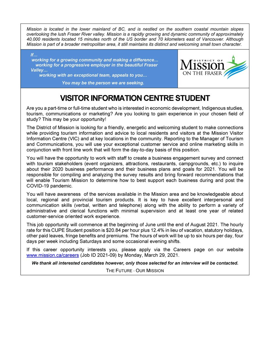Great summer job opportunity for a student to join the Tourism Mission team this summer - so to mission.ca/careers to apply
