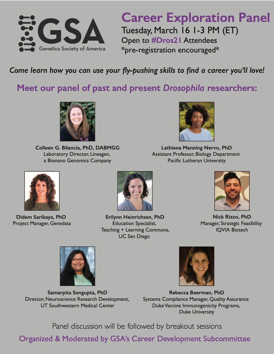 Register for the #Dros21 Career Exploration Panel on Tuesday, March 16 from 1–3 p.m. to hear from representatives working in academic research, industry research, biotech, science writing, science teaching, and academic administration! bit.ly/37OXVAA