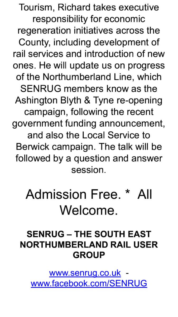 SENRUG_2004's tweet photo. Final part of our poster, please join us on the 16th March for our meeting and please consider joining #SENRUG and helping #NorthumberlandLine & #TyneTweedLine campaigns. (3/3) https://t.co/io5B6YJluC