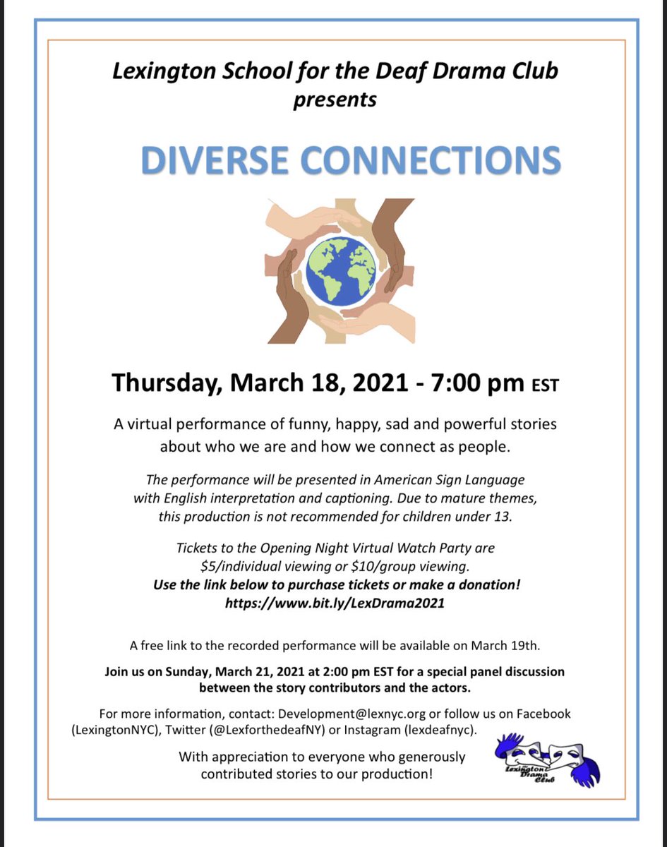 Jared (@jaredteaching) on Twitter photo What are you doing on March 18th? Come join us for a watch party! <a href="/LexforthedeafNY/">Lexington School</a>’s Drama Club is performing “Diverse Connections” and it’s going to be awesome. Get connected at bit.ly/LexDrama2021. #DeafTheatre What are you doing on March 18th? Come join us for a watch party! <a href="/LexforthedeafNY/">Lexington School</a>’s Drama Club is performing “Diverse Connections” and it’s going to be awesome. Get connected at bit.ly/LexDrama2021. #DeafTheatre
