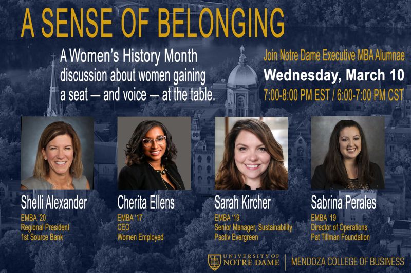 NDExecED's tweet image. Join us in celebrating Women's History Month next Wednesday, March 10, at 7:00 pm EST. Recent @NDBusiness EMBA alumnae will discuss their respective journeys to becoming empowered, impactful leaders.

Register here: lnkd.in/e3UX5Gj