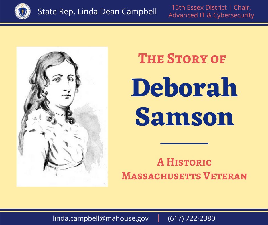 StateRepLDC's tweet photo. This #WomensHistoryMonth I'd like to share the incredible story of #DeborahSamson, a Massachusetts woman Veteran who disguised herself as a man to serve in the Revolutionary War. I'm proud to join Rep. David Vieira in filing legislation to honor this historic Veteran. #mapoli 1/3 https://t.co/t7o5TyIIZc