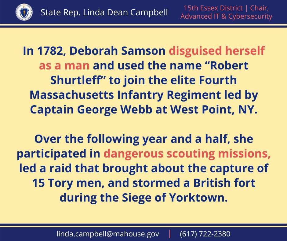 StateRepLDC's tweet photo. This #WomensHistoryMonth I'd like to share the incredible story of #DeborahSamson, a Massachusetts woman Veteran who disguised herself as a man to serve in the Revolutionary War. I'm proud to join Rep. David Vieira in filing legislation to honor this historic Veteran. #mapoli 1/3 https://t.co/t7o5TyIIZc