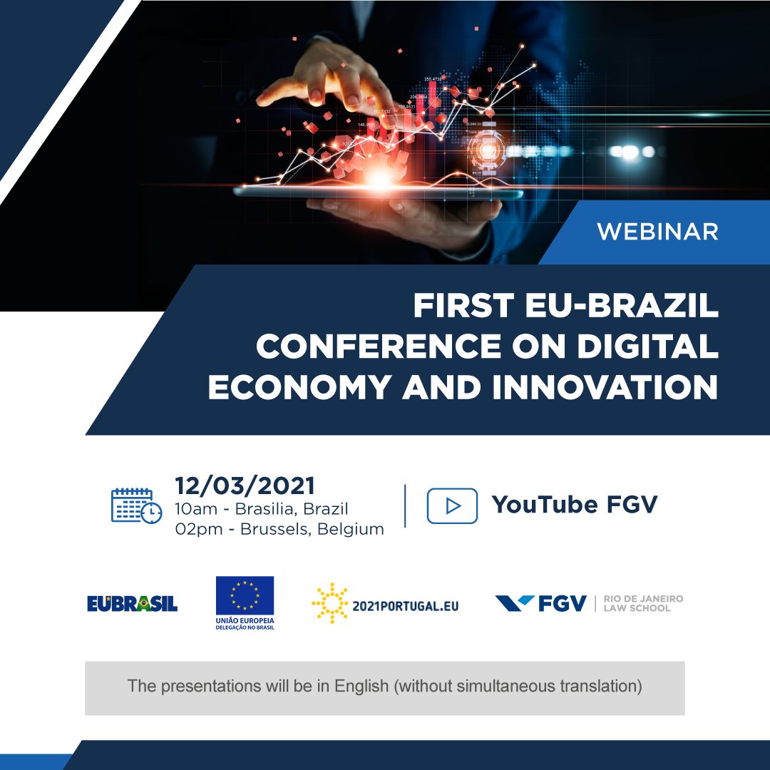 CTS_FGV's tweet photo. Próxima sexta-feira, às 10h (GMT-3), acontece a primeira "EU-Brazil Conference on Digital Economy and Innovation". Painelistas vão discutir comércio digital, novas regulações, cooperação digital e outros. Inscrições aqui: https://t.co/ORo1cQuvWW https://t.co/TMctoLYpB6