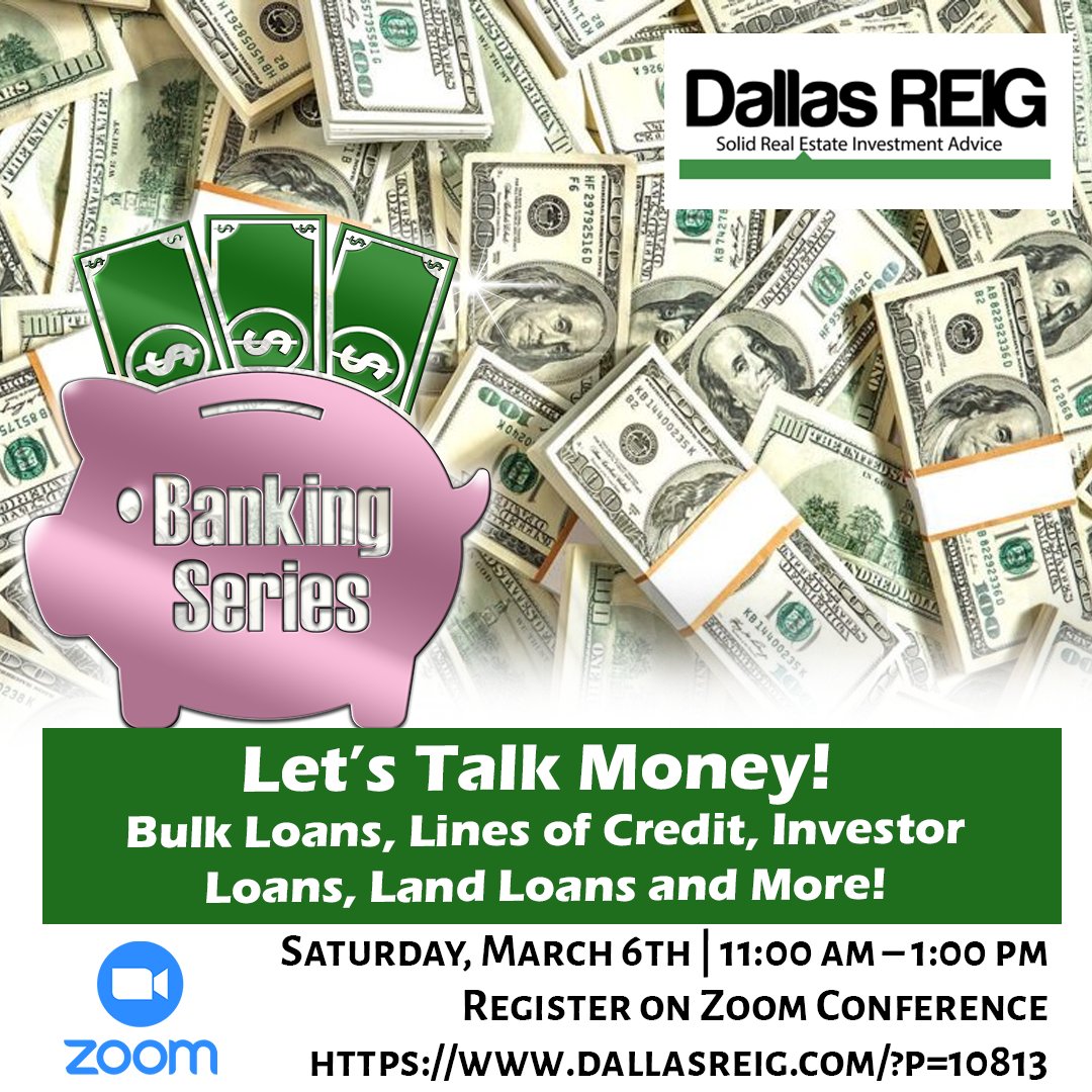 DallasREIGGroup's tweet photo. Join us tomorrow at 11am to learn about Bulk Loans, Lines of Credit, Investor Loans, Land Loans and More!

Register here: https://t.co/aogcye3rI6 https://t.co/27MDRjS9Il