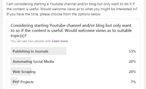 Thank you to everybody who has voted so far (and here the results so far), but I would still value more input. Please follow this link to have your say (it's just one click). #publishing #science #socialMedia #webscraping #PHP #automation buff.ly/3eezCA4