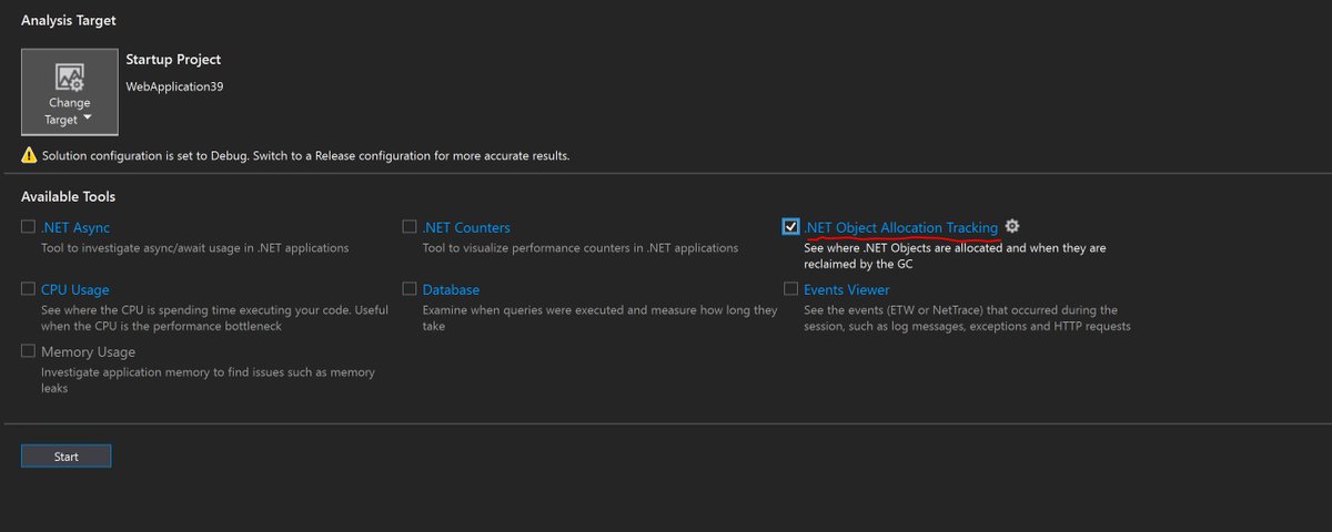 davidfowl's tweet image. The allocation profiler is Visual Studio 16 is one of my favorite new tools. Hit Alt+F2 and start optimizing your .NET code. Help the .NET GC out by avoiding it when you can😆 #dotnet #VisualStudio