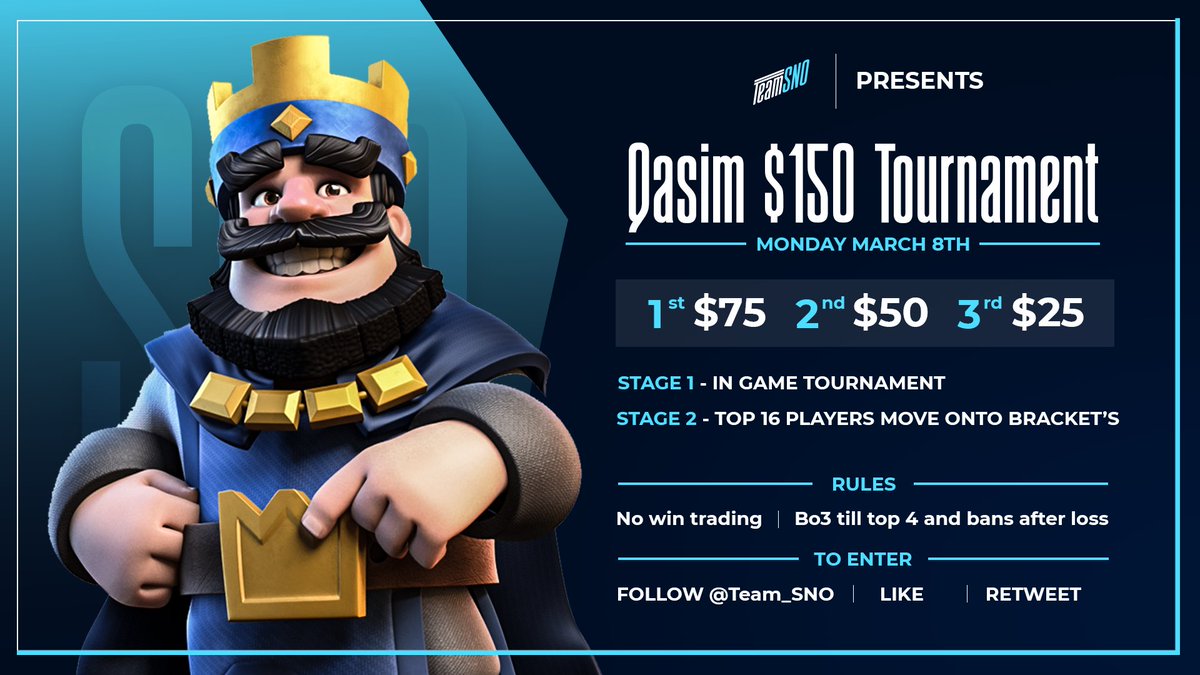 💰I'm hosting a 1v1 Clash Royale $$ 💰 

🎁 Prize: $150
📅 Date: March 8th
⏰ Time: 6pm - 8pm

Do this to enter:
❤️ Like
♻️Retweet
🗣 Follow <a href="/Team_SNO/">TeamSNO</a>
💃 Join the discord: discord.gg/snoconestand