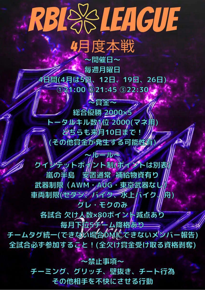 RBL_taikai's tweet photo. RBL❀League4月度本戦について
来月に行われる本戦の内容です!
ポイントの内容が変更になりました!
また、全試合参加することが条件として必ず必要になりました!
※出場チームは先月度の勝ち残り14チームと3月に行われる予選で勝ち上がった6チームです。(予選は別tweetにて)
#RBLLeague https://t.co/X6NVTs02qg