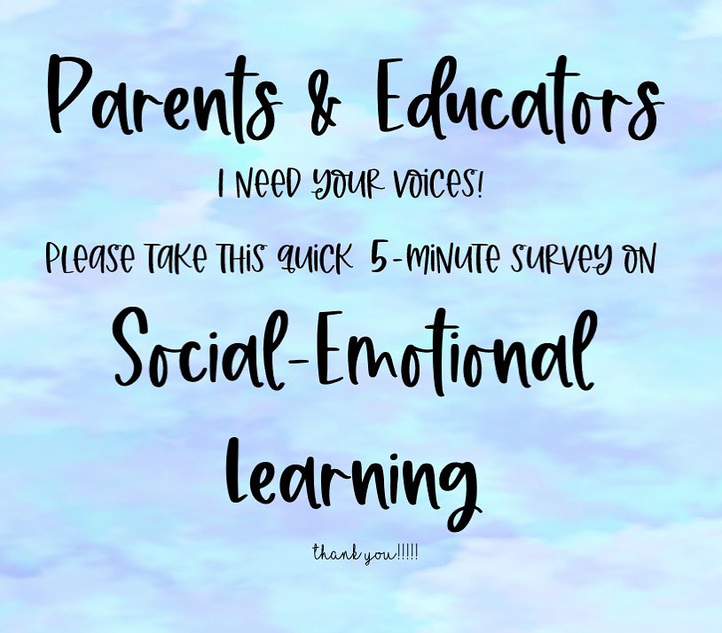 howdymrsshaffer's tweet image. If you are an educator and/or a parent and have just 5 minutes and are willing to participate in a quick anonymous survey on social-emotional learning please fill out my survey linked below! #SocialEmotionalLearning 

shsu.co1.qualtrics.com/jfe/form/SV_8f…