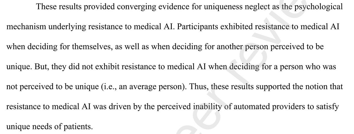 Patients prefer human doctors but recommend medical AI for others. Surprising. Longoni, C., Bonezzi, A., & Morewedge, C. K. (2019). Resistance to medical artificial intelligence. Journal of Consumer Research, 46(4), 629-650.