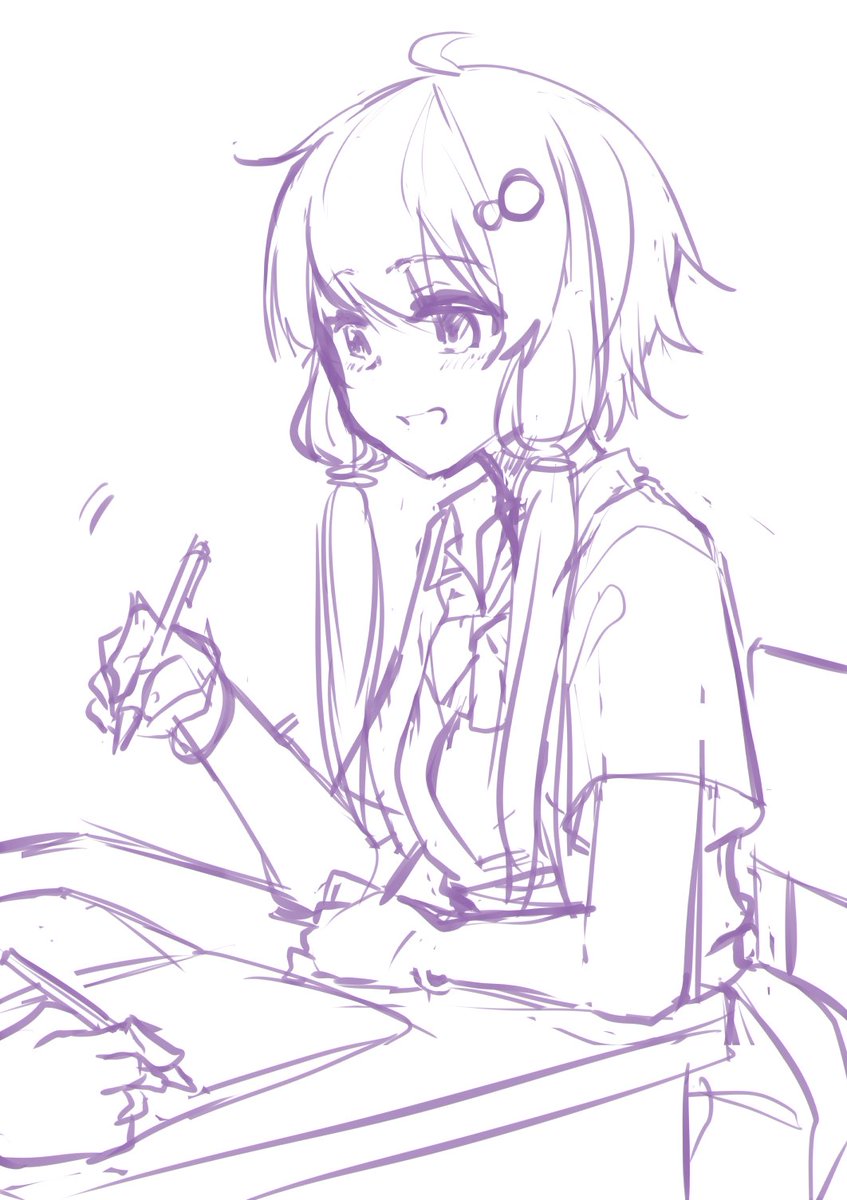 yuzuki yukari 1girl monochrome holding sitting sketch holding pen smile  illustration images