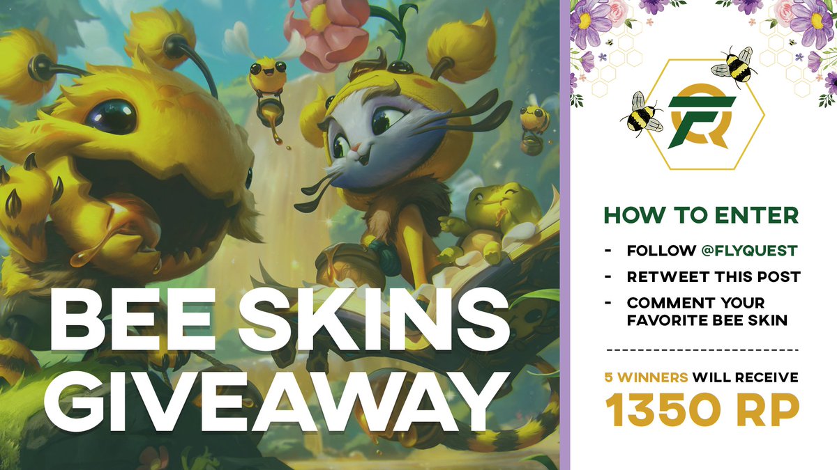 🐝BEE SKINS GIVEAWAY🐝 

We love bees and we know you love them too so we're giving away 5 of the new bee skins. 

-Follow <a href="/FlyQuest/">FlyQuest</a>  
-RT this post 
-Comment your favorite bee skin 
and you're in! 

Only for NA, LAN &amp; LAS 
Winners will be announced on March 12th!