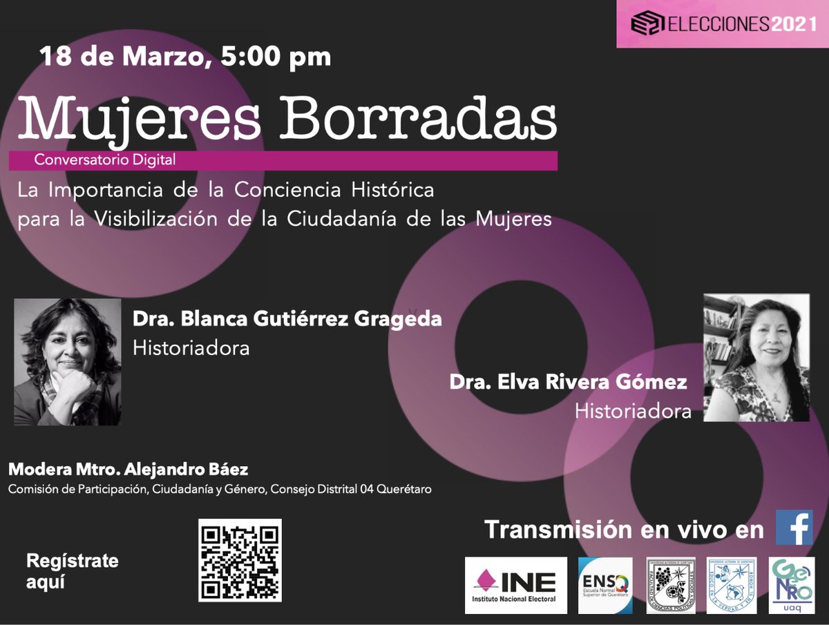 Por el Día Internacional de la Mujer la Comisión de Participación, ciudadanía y Género del Dist. 04 <a href="/INEQueretaro/">INE Querétaro</a> te invita al CONVERSATORIO “MUJERES BORRADAS: Conciencia Histórica para la visibilización de la Ciudadanía de las Mujeres”
Link de inscripción forms.gle/PY5SEz5yXVXs46…