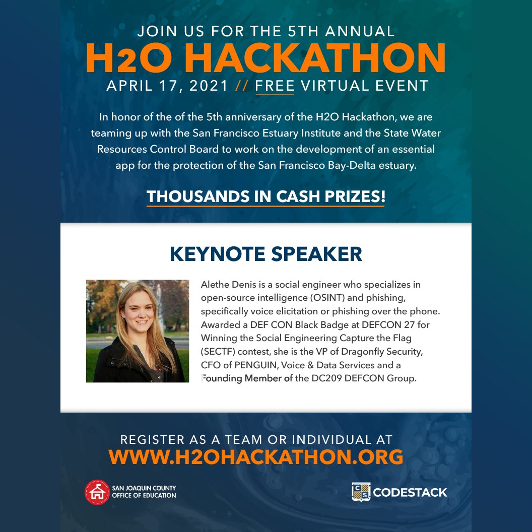 JOIN US FOR THE 5TH ANNUAL H2O HACKATHON! April 17, 2021 A free virtual event. We are teaming up with the San Francisco Estuary Institute and the State Water Resources Control Board to work on the development of an essential app for the protection of the SF Bay-Delta estuary.