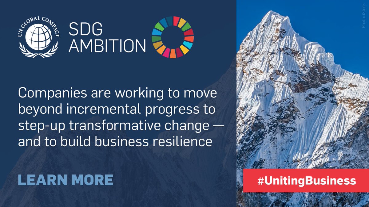 Text: Companies are working to move beyond incremental progress to step-up transformative change — and to build business resilience. Background: photo of a snowy mountain.   