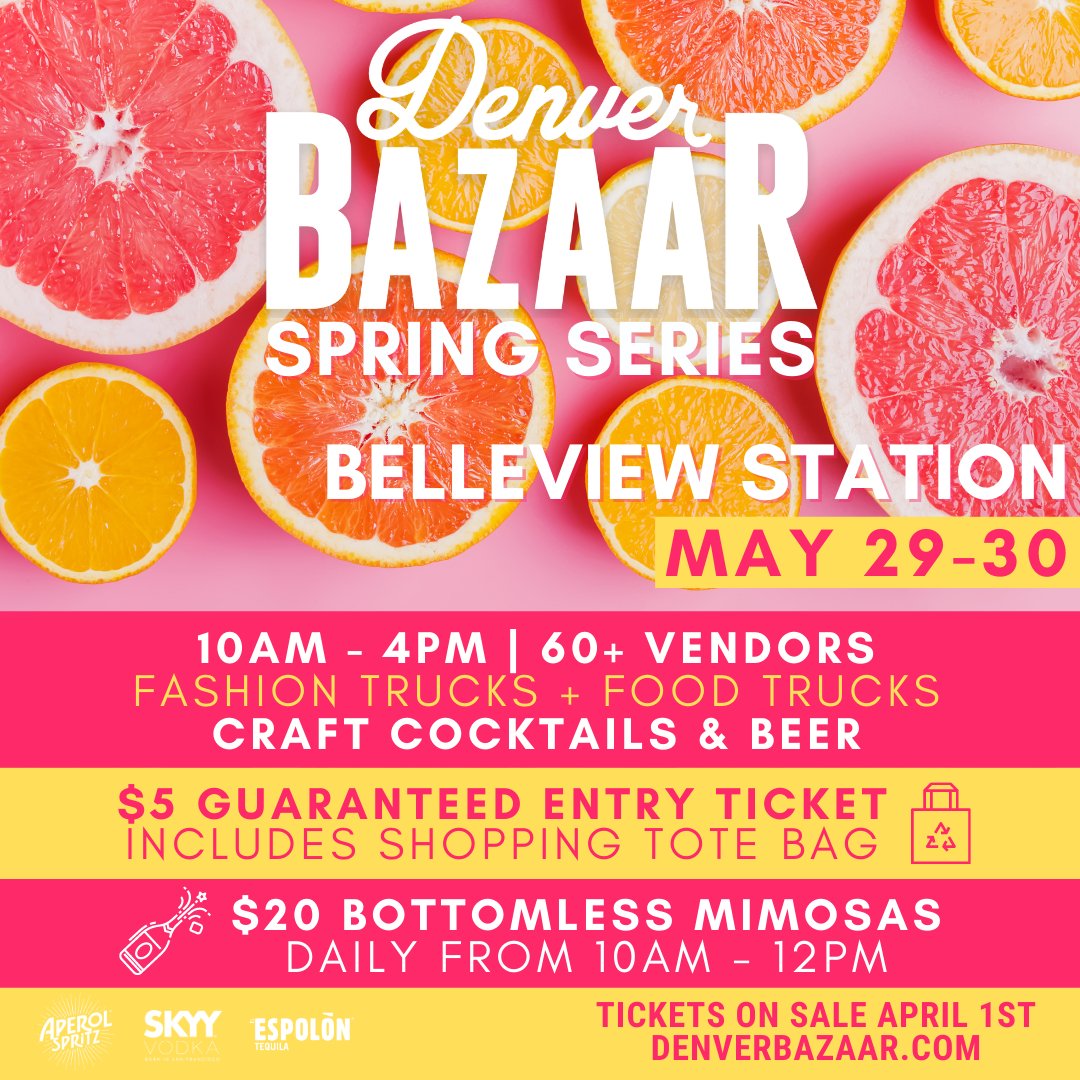 SAVE THE DATES!  🛍💐

Spring BAZAAR returns for TWO outdoor market weekends this May:
Sloan's Lake: May 15-16
Belleview Station: May 29-30 

RSVP: linktr.ee/denverbazaar