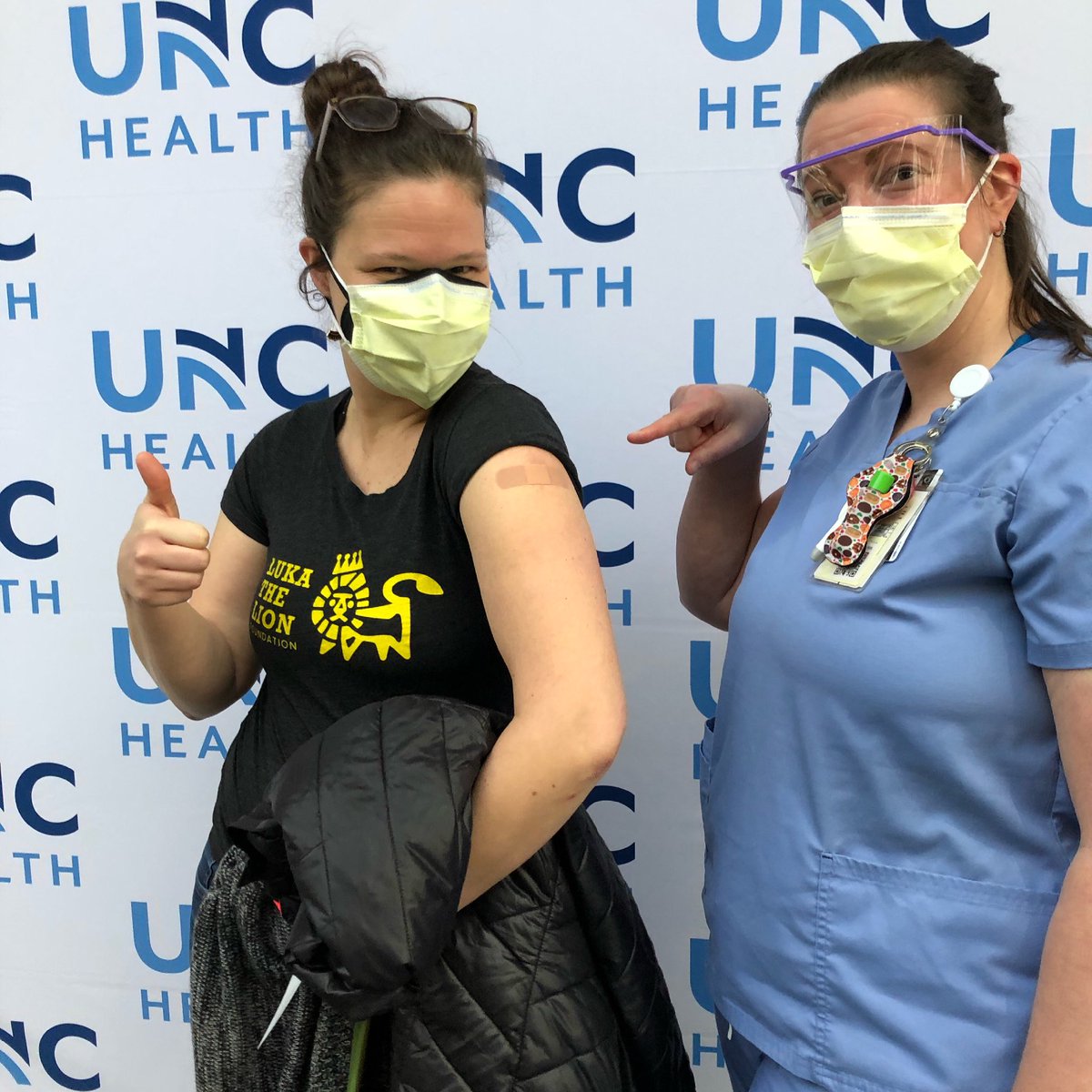 No coincidences! Nurse Johanna, one of Luka’s beloved nurses from <a href="/uncchildrens/">UNC Children's</a>, was randomly the hero who gave me the COVID vaccine. Get vaccinated, it helps kids with rare immunocompromised diseases and everyone in your community. #Roar4Rare #LukaTheLion #ThankYouNurses