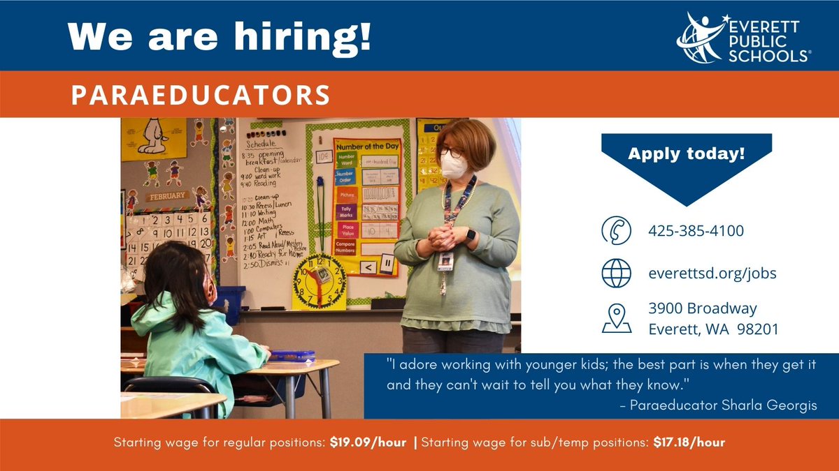 EverettSchools's tweet photo. YOU can make a difference in a child's life! We are hiring Paraeducators! Great benefits, wages, professional development with summers and breaks off! Interested? Please apply online at https://t.co/dCE8BA6hT5 Schools are located in Everett, Mill Creek, and Bothell, Washington. https://t.co/wk0ObiSOSk
