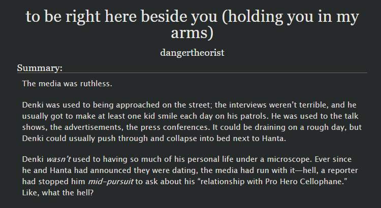dangertheorist's tweet photo. Here's my gift for @dandelyre for the Kamisero Exchange!
@KmsrExchange 

Featuring a pro-hero AU in which the media slowly but surely ruins Denki and Hanta's lives, this fic features #Kamisero and #Kiribaku

Hope you enjoy it! <3

https://t.co/bae016b2qN https://t.co/x3iNCuvyEY
