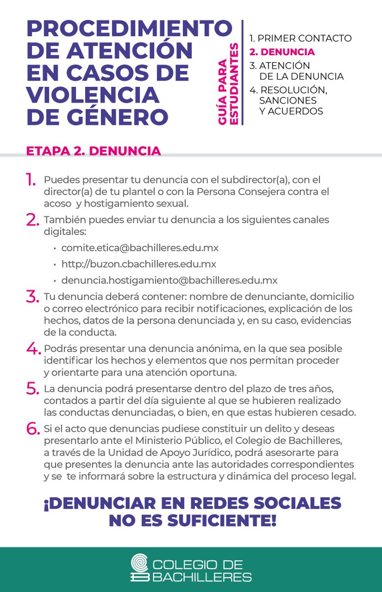 CdeBachilleres's tweet photo. #Estudiantes Compartimos con ustedes las cuatro etapas del procedimiento para la atención en casos de violencia de género. https://t.co/eiARvaJ2IN