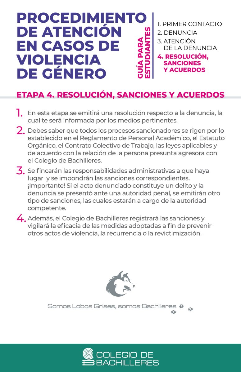 CdeBachilleres's tweet photo. #Estudiantes Compartimos con ustedes las cuatro etapas del procedimiento para la atención en casos de violencia de género. https://t.co/eiARvaJ2IN