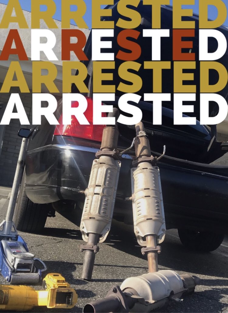 Graveyard shift officer stopped a vehicle for a CVC violation. The officer located 3 catalytic converters, cutting tools, bear spray, and a jack stand.  3 suspects-from LA,  were arrested and their vehicle was impounded.  Unfortunately no identifiable markings on the convertor.