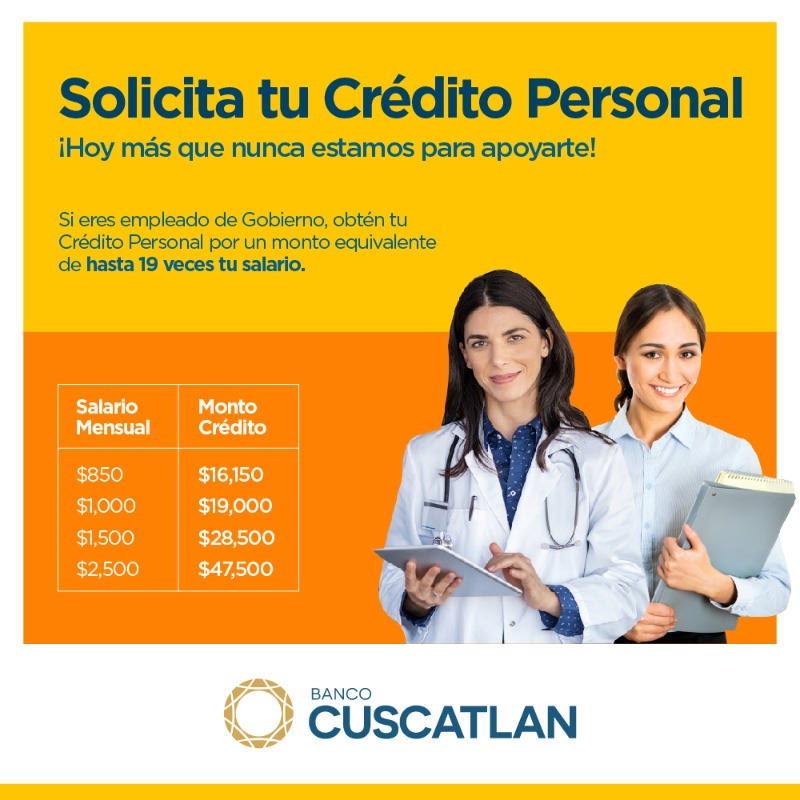 BancoCUSCATLAN_'s tweet photo. ¡Hoy más que nunca tu banco es tu apoyo! Por eso, si eres eres empleado de Gobierno ya puedes obtener tu Crédito Personal por un monto equivalente de hasta 19 veces tu salario. ¡Solicítalo ya! Apoyar tus metas es nuestra prioridad. https://t.co/K1J3Fq8UMp