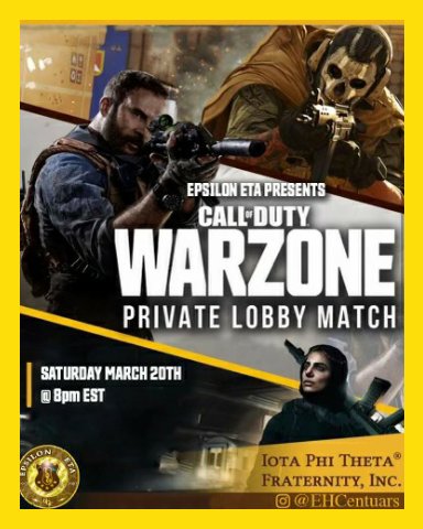 EHcentaurs's tweet photo. Think you’re good at warzone? Come prove it then! The Brothers are hosting a private Call of Duty Warzone match on March 20th at 8:00 pm. RSVP through the link in our bio. The link to the match will be emailed out to the email you use to RSVP! https://t.co/ciXeyiXPKf