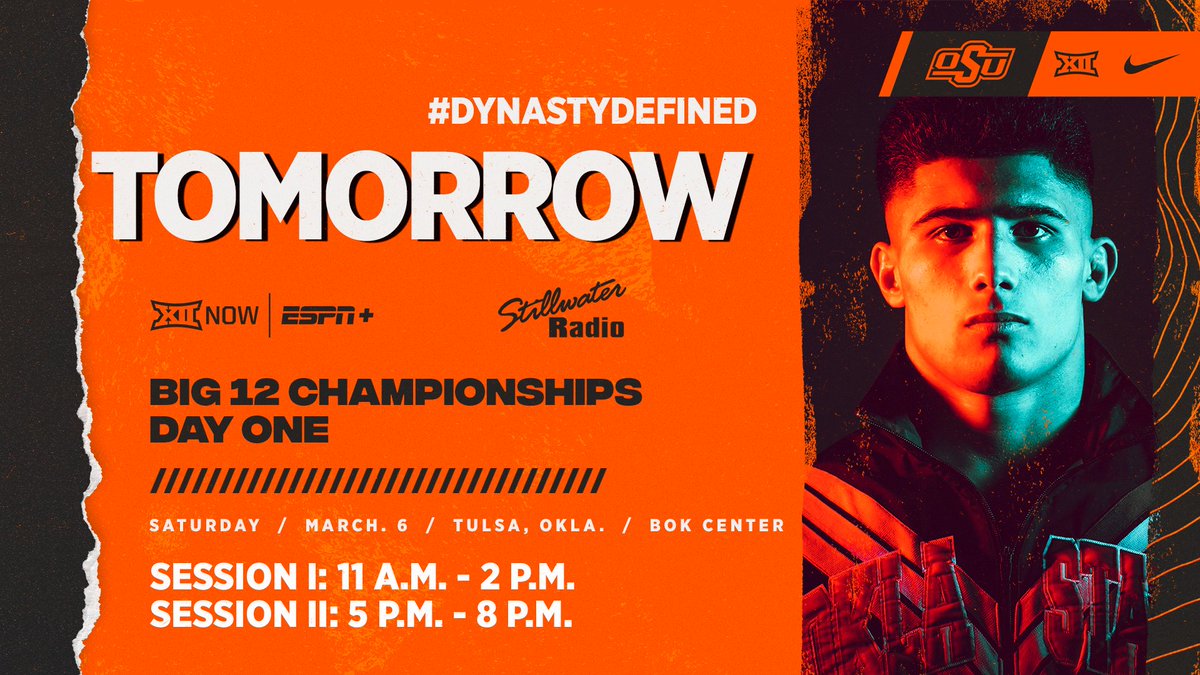 CowboyWrestling's tweet photo. Don't miss out on any Big 12 Championship action beginning tomorrow with Sessions I and II.

📺: Big 12 Now on ESPN+ (https://t.co/xMQxx0a8Ly)
📻: Hot 93.7 KSPI-FM
📊: Live Stats (https://t.co/WQbeObdJeC)

#DynastyDefined I #GoPokes https://t.co/hvjCMW6rHo