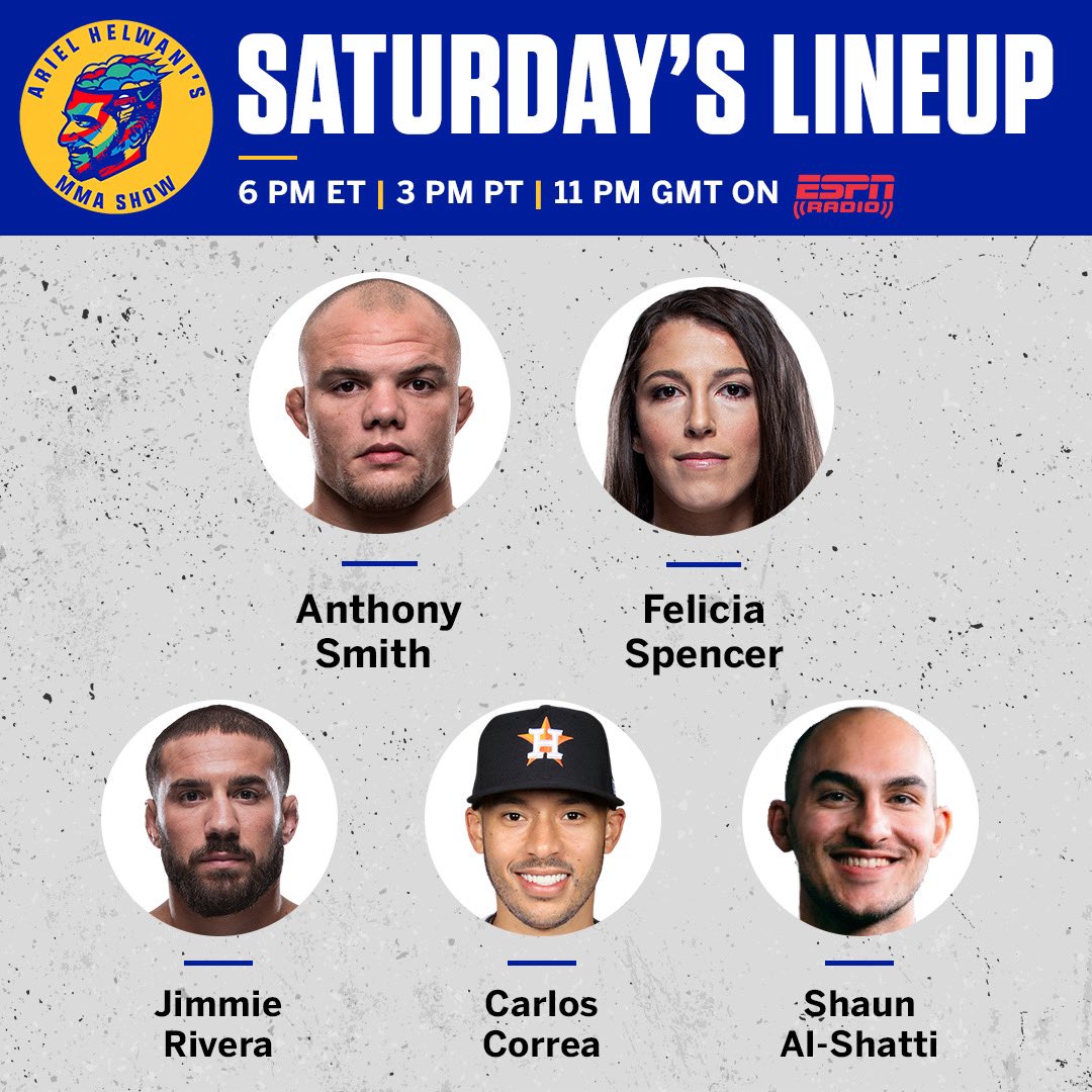 Back on @espnradio tomorrow. LOTS to discuss as we set the table for UFC 259. Let’s do this. Will be joined by: @lionheartasmith @FeeNom479 @JimmieRivera135 @TeamCJCorrea @shaunalshatti And you! 1-888-SAY-ESPN. Listen anywhere. Talk to y’all then.