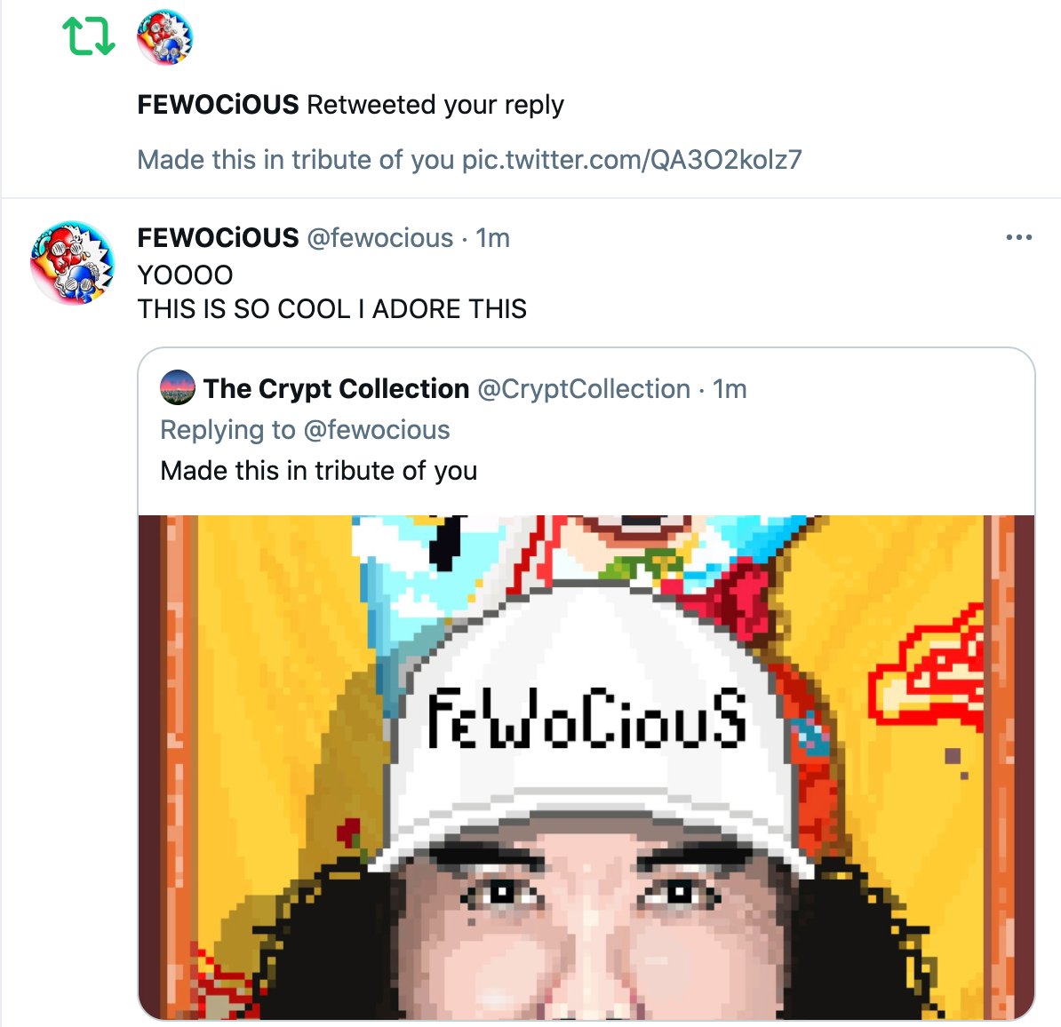 CryptCollection's tweet image. Fewocious showing some Love :)
Thankyou so much! 🙏🙏

Can't beleive it!

#fewocious #nft #nfts #pixelart
