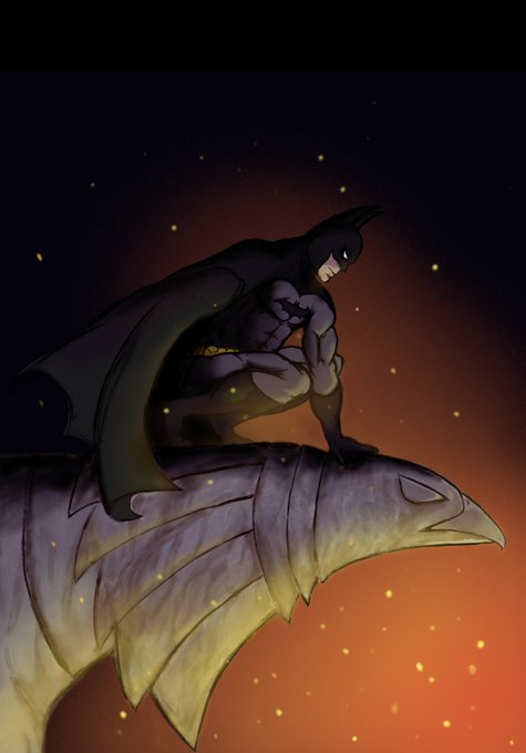 Illustration of Batman on a metal gargoyle overlooking embers