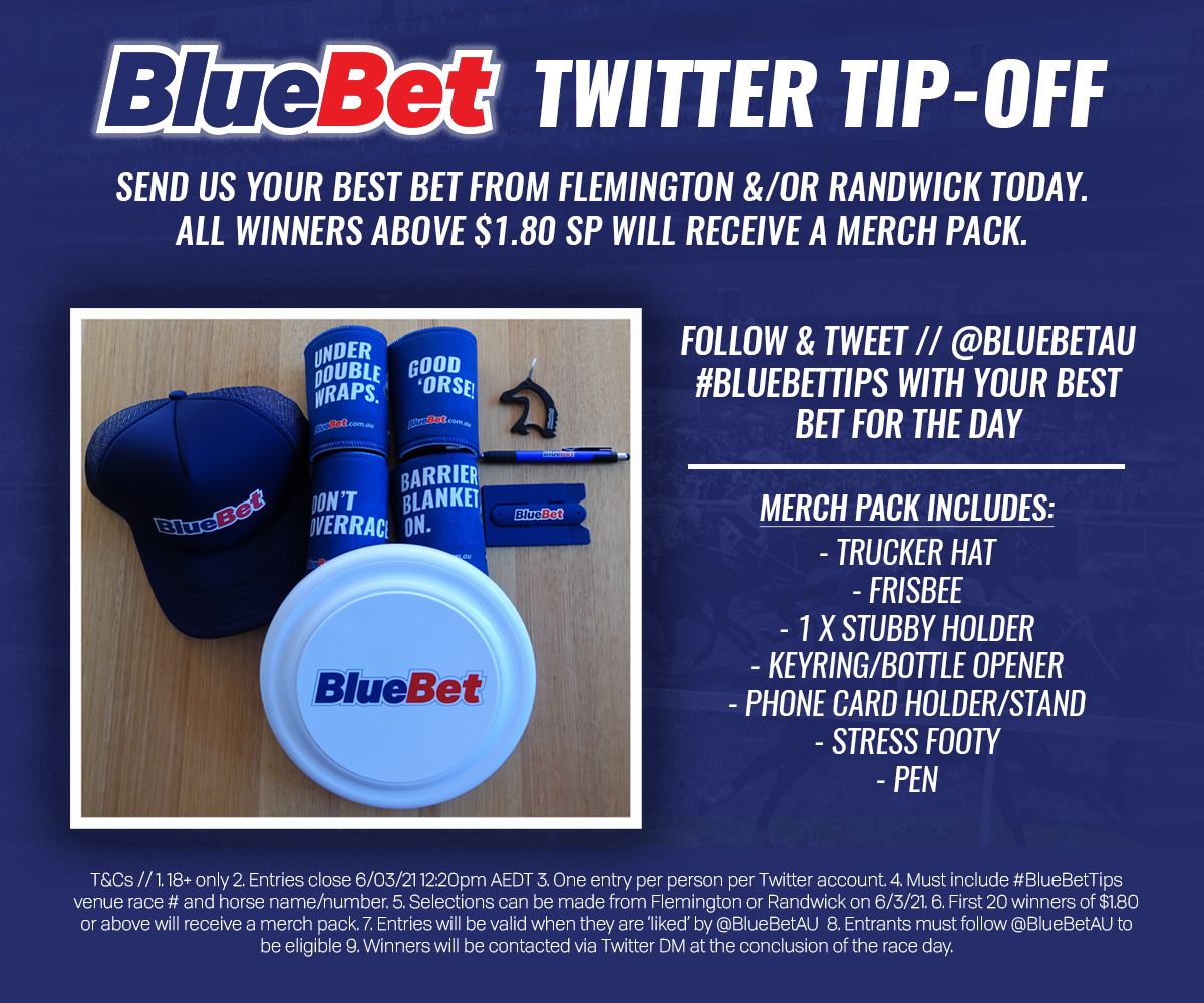 betr_au's tweet photo. β° Just on half an hour until entries close in our #BlueBetTips comp.
To enter, tweet us a winner of $1.80 or more from Flemington or Randwick.
Follow @BlueBetAu & include #BlueBetTips in your tweet to enter. FREE to enter! π https://t.co/6afwReN9qB