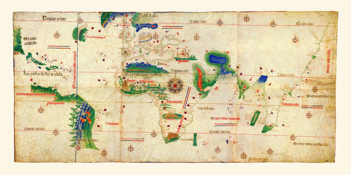 Battlemapsus's tweet image. Cantino Planisphere, 1502, was named after Alberto Cantino, an Italian spy employed by the Duke of Ferrara, who smuggled this valuable map from Portugal to Italy. the original is on display at the Biblioteca Estense Universitaria in Modena, Italy.  battlemaps.us/products/world…