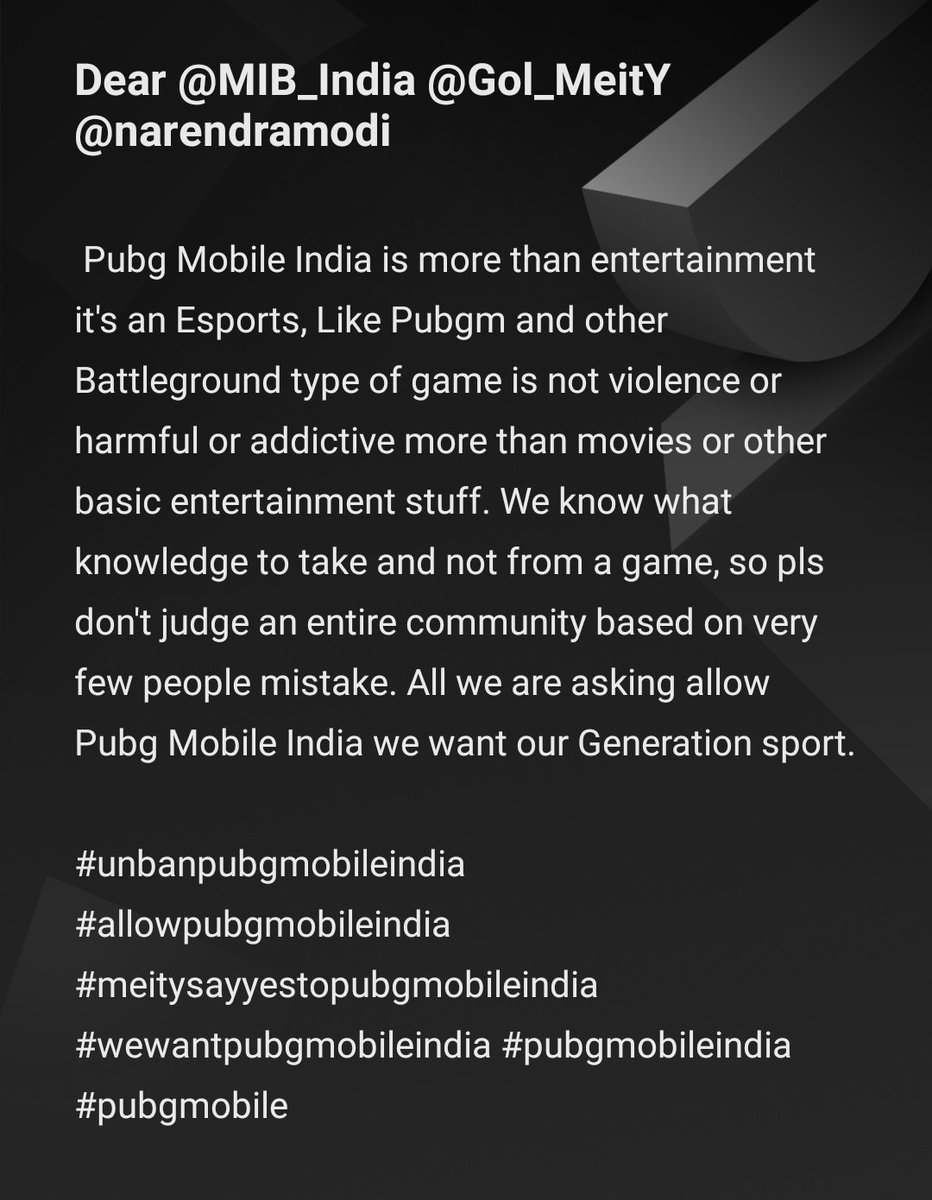1PRAVEENJUSTIN's tweet photo. Dear @MIB_India @Gol_MeitY @narendramodi
#unbanpubgmobileindia  #allowpubgmobileindia
#meitysayyestopubgmobileindia #wewantpubgmobileindia #pubgmobileindia
#pubgmobile https://t.co/E0NqWHop7n