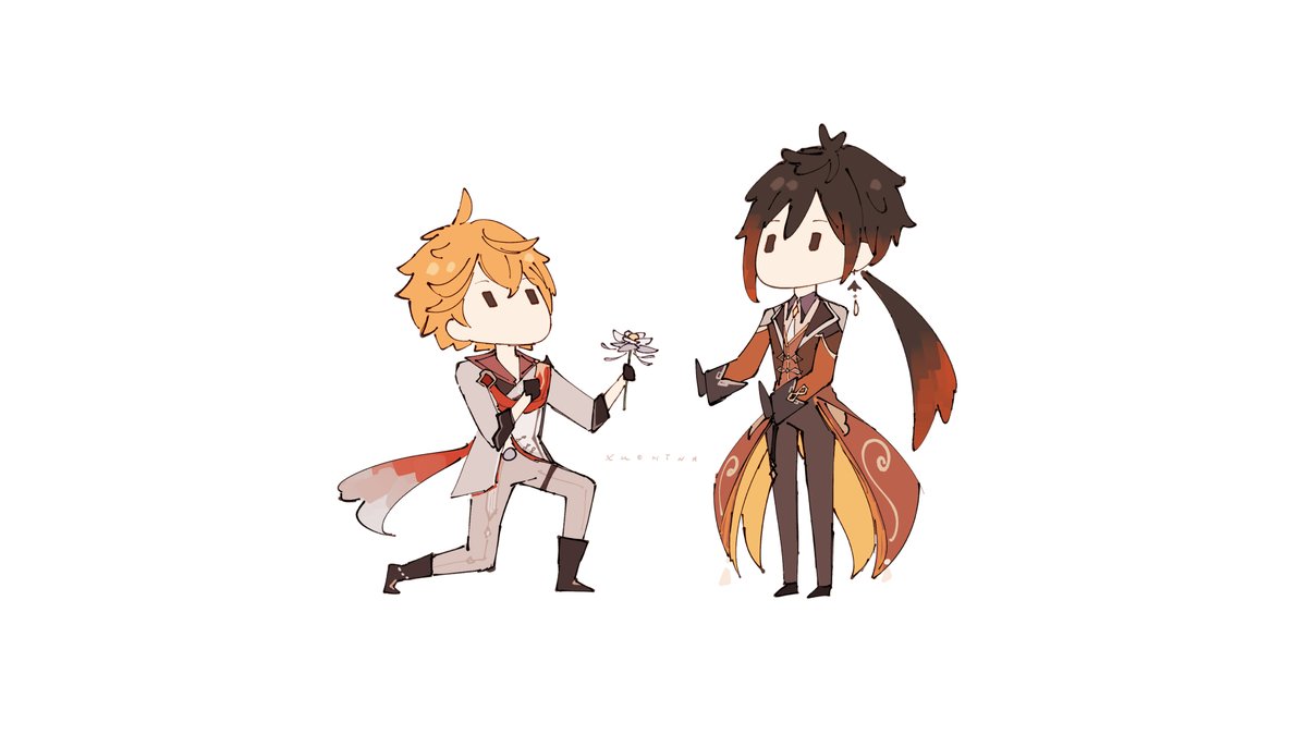 tartaglia (genshin impact) ,zhongli (genshin impact) 2boys multiple boys flower orange hair male focus simple background chibi  illustration images