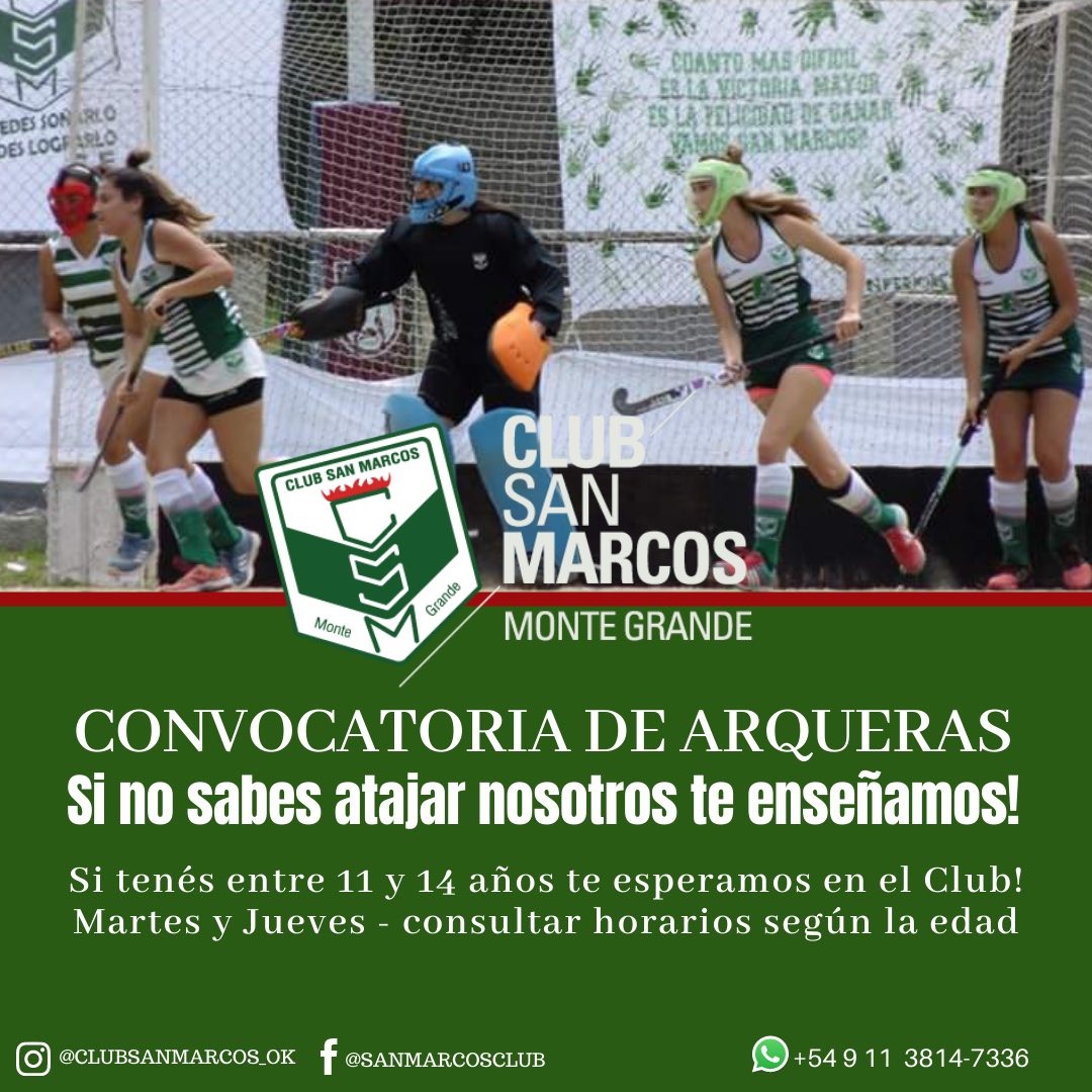 SanMarcosClub's tweet photo. Hockey 🏑🇳🇬 - Convocatoria de Arqueras
Si no sabes atajar ... nosotros te enseñamos!! 🥅
.
.
Te esperamos en el Club.
🏑 Martes y Jueves - Consulta los horarios según tu edad!!
.
.
📲 +54 911 3814-7336
#CSM #CSMHockey #ClubSanMarcos https://t.co/46mLX08ohY