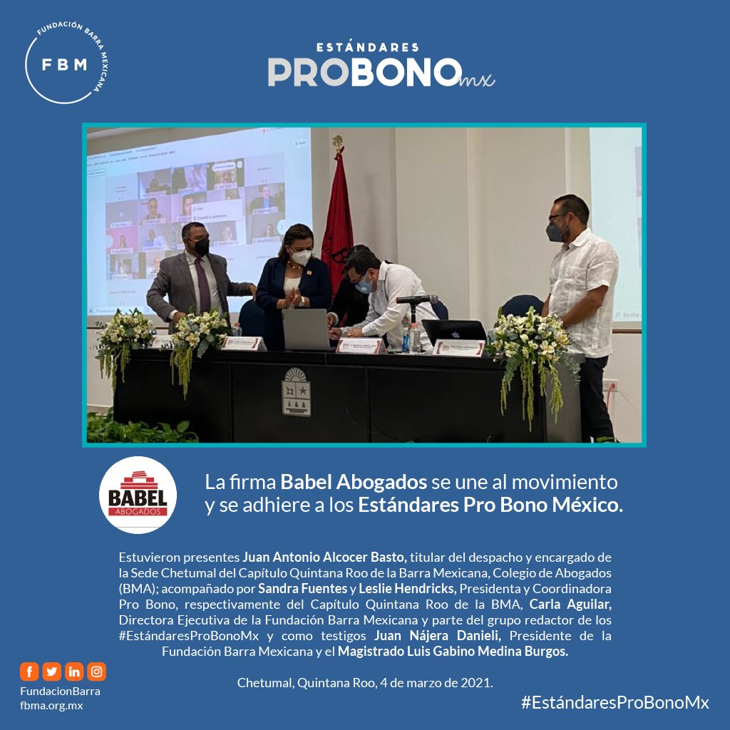La firma #BabelAbogados se une al movimiento y se adhiere a los #EstándaresProBonoMéxico.

Felicidades por el compromiso demostrado con la labor #probono en México. 🇲🇽
