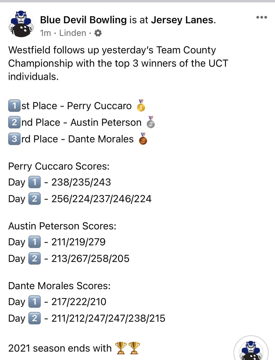 Westfield finishes the season with more hardware. Sophomore Perry Cuccaro is the 2021 UCT Individual Champion. Runner up Senior co-captain Austin Peterson and third place Junior co-captain Dante Morales. 🏆🏆🏆🥇🥈🥉<a href="/WHS_BlueDevils/">WHS Athletics</a> <a href="/dubfieldsports/">Dubfield Athletics</a> <a href="/VarsityVantage/">Varsity Vantage</a> <a href="/WestfieldTAP/">TAP into Westfield</a>