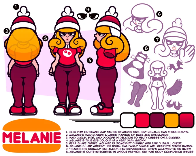 I've drawn this character on a few occasions but never really made a dedicated character sheet for her. Meet my other OC besides the Combotron Robot, Melanie!

I'd like to get into drawing her more for outfits and styles I think are cool and cute! 