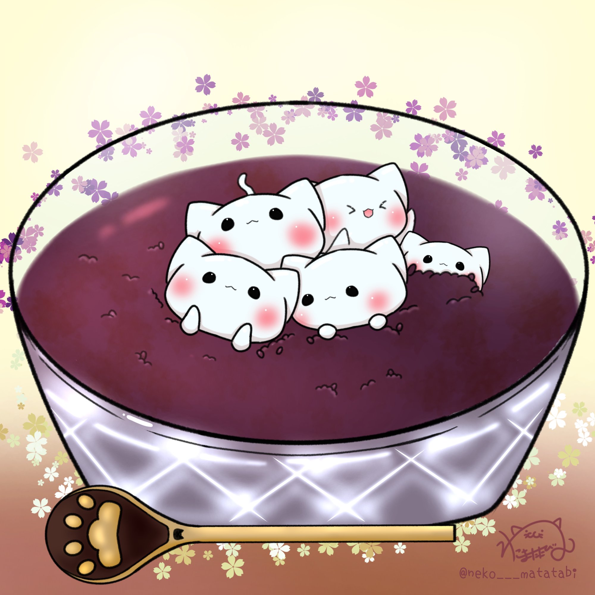ねこまたたびののんびり2nd垢𓃠 白玉にゃんこ おまたせしました 白玉ぜんざいです イラスト Illustration T Co 2y8urft5z0 Twitter