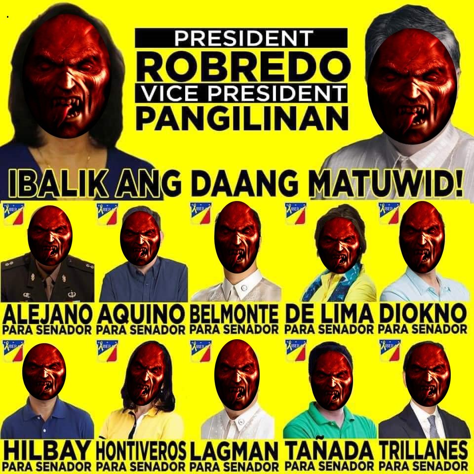 Buhawi81's tweet photo. They were unmasked!
"PANGI-RO" for 2022 and their demonic senatorial line-up.
#SamgaBisaya #AlamNyoNa
#Philippines #SpareUs #fromEvil
#DiabolicTandem https://t.co/Bf5YGQs5A7