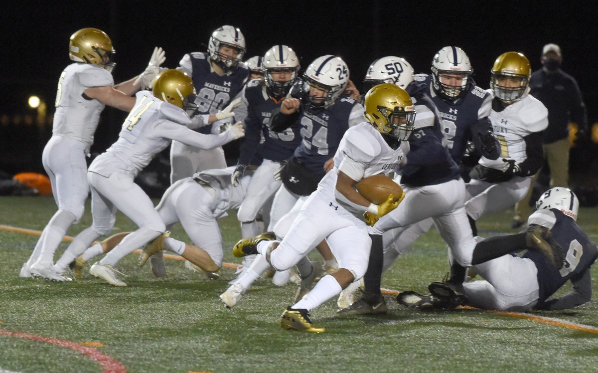 The first play of Friday's football game between <a href="/CenturyF00tball/">Century HS Football</a> and <a href="/MavsMVFB/">MV Mavs Football</a> went to Dereik Crosby, and the senior knew what to do. His kickoff return for a TD sparked the Knights in their season opener. STORY/PHOTOS: bit.ly/3v9zdVU #CVFootball