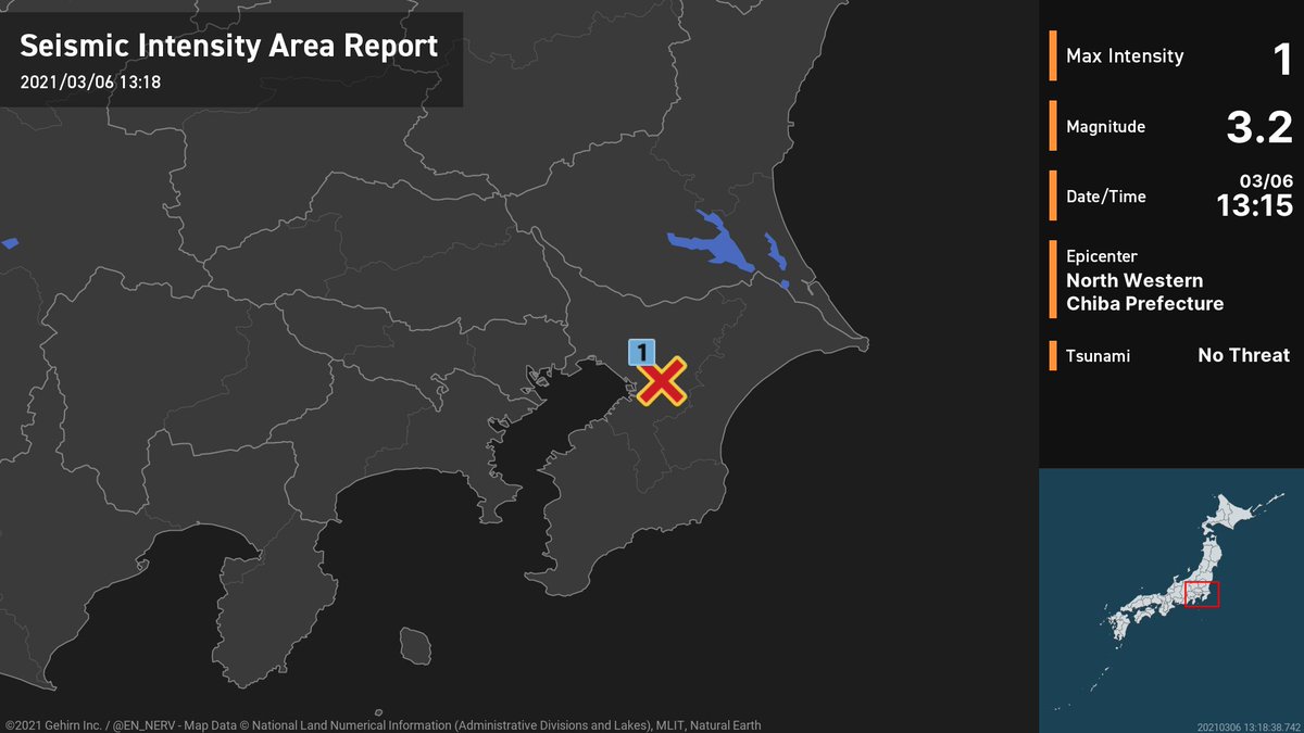 Earthquake Detailed Report – 3/6
At around 1:15pm, an earthquake with a magnitude of 3.2 occurred in North Western Chiba Prefecture at a depth of 80km. The maximum intensity was 1. There is no threat of a tsunami. #earthquake https://t.co/yA93L4B3j1